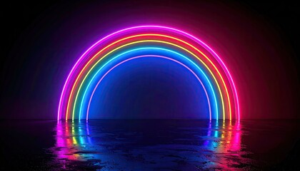 Rainbow neon rings, dark background, reflections
