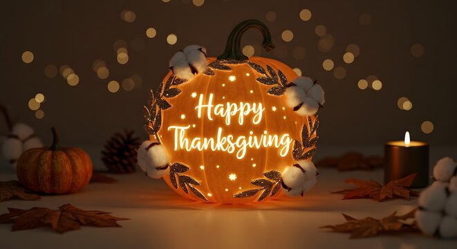 Illuminated Thanksgiving Pumpkin with Festive Decor and Bokeh Lights