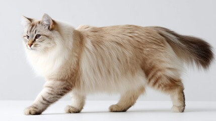 Elegant longhaired domestic cat in motion with raised tail walking across a white studio background, sideangle view, capturing the graceful movement, soft textures, and clean lighting, copy space on