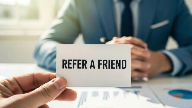 Business person holding a card with the words refer a friend during a meeting, promoting customer loyalty and referral program
