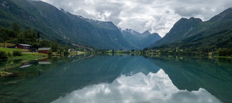 Amazing sky reflecting in Lake Floen in Olden in Nordfjord, Norway