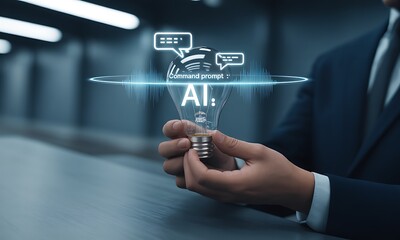 Businessman holding light bulb with AI voice command prompt and digital chat icons, ideal for illustrating artificial intelligence innovation and smart technology concepts