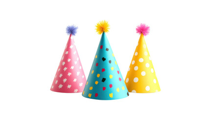 Three party hats with pom poms isolated on a transparent background
