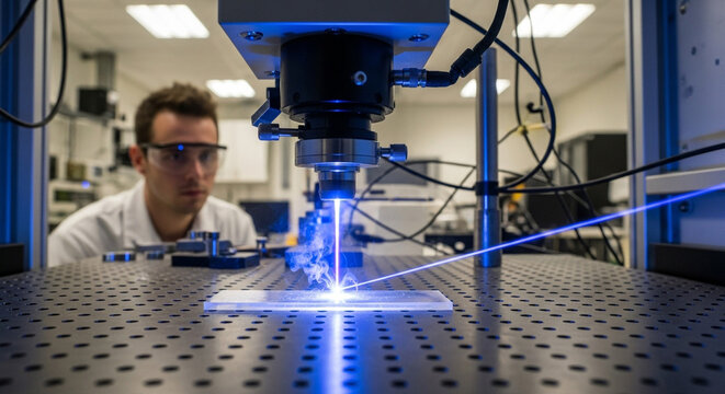 Cutting-edge laser technology in action with focused scientist, showcasing innovation and precision in a modern research laboratory setting