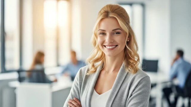 Smiling blonde professional woman in office setting video, ai generated