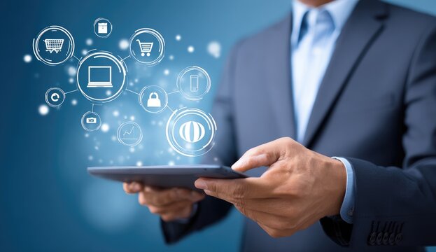 Businessman using tablet with digital shopping icons
