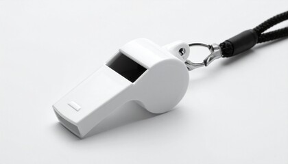 White plastic whistle with rectangular mouthpiece and circular body, attached to a black lanyard via metal ring, placed on a white background to highlight practical design for sports and emergency sig