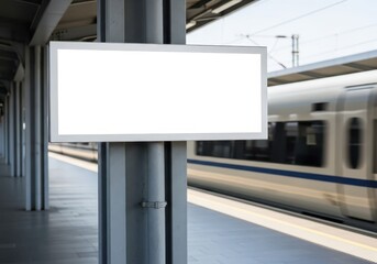 Blank Billboard on Train Station Platform with Moving Train
