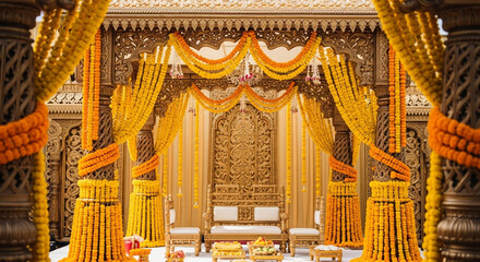 Luxurious golden wedding mandap adorned with vibrant marigold garlands and intricate carvings creates an opulent and celebratory atmosphere for special events.