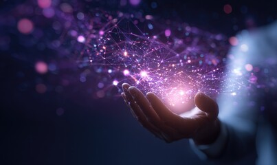 A hand holds glowing, interconnected data points in a dark, abstract scene