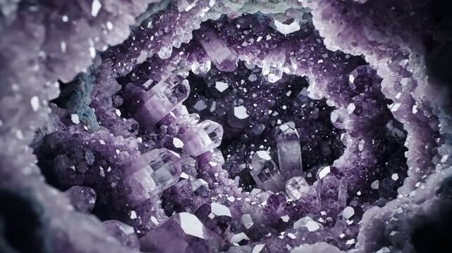 A mesmerizing slow reveal of crystal formations within a geode cave, glinting under a gentle, diffused light geology, ancient, abstract