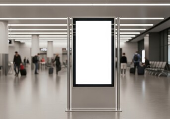Vertical blank digital information screen in a modern, blurred airport or train station terminal, providing space for advertising, branding, or public announcements in a bustling environment
