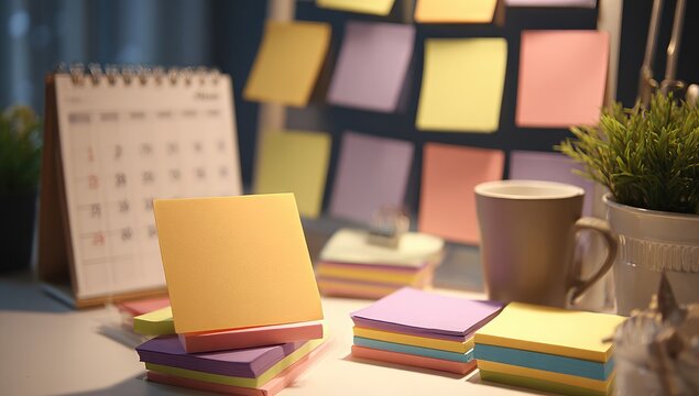 Desk cluttered with colorful sticky notes, a calendar, and a mug