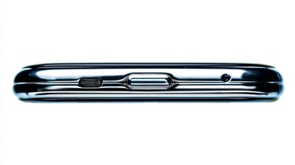 Closeup sideprofile of a sleek, slim smartphone with metallic frame against a clean white background, emphasizing modern design and elegance with ample copy space for branding or message