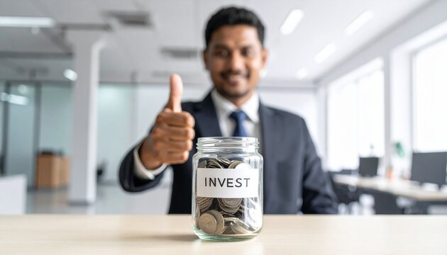 Smiling businessman with jar of coins for investment and a thumbs up. He conveys positivity, investment, financial planning, and success