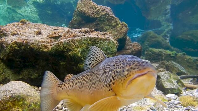 Eine m&auml;nnliche Bachforelle, ein sogenannter Milchner,  schwimmt im glasklaren Wasser der Isar am Laichplatz und wartet auf weibliche Forellen zur Eiablage