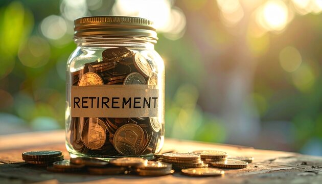 Jar full of coins labeled 'Retirement', suggesting savings and financial planning for the future