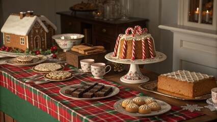 Festive holiday dessert table display cozy home food photography warm atmosphere close-up view celebratory desserts