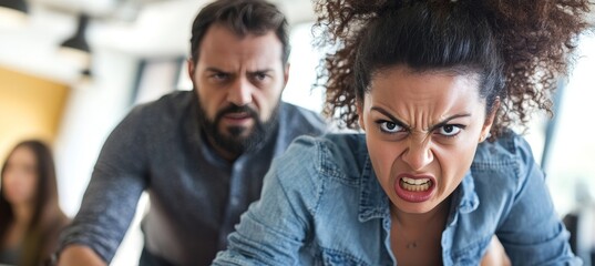 Fototapeta premium Workplace Tension Young Professional Faces Stress from Difficult Boss and Office Conflicts