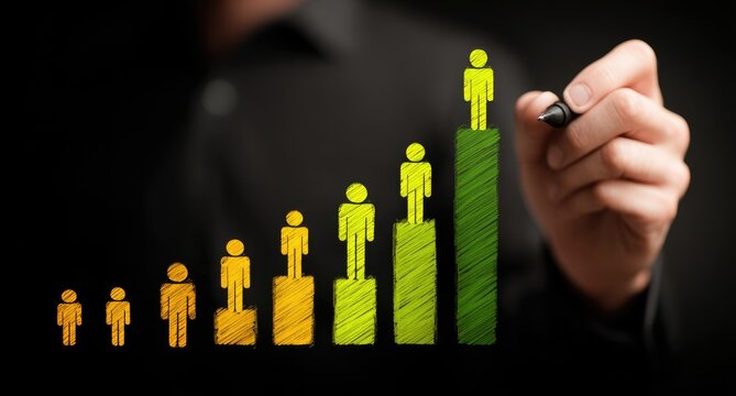 Hand drawing a chart of people progressing up a tiered graph