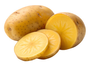 fresh yellow potatoes whole and sliced raw vegetable food isolated on transparent background

