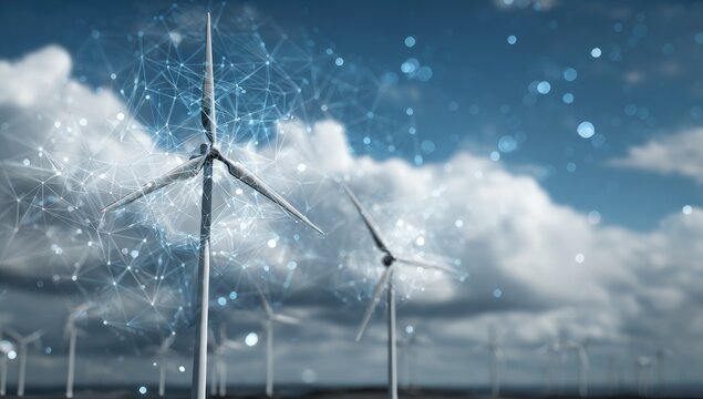Wind turbines connected by digital network,  cloudy sky
