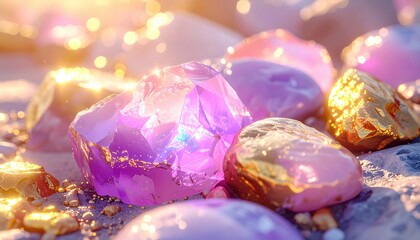 Radiant gems, golden stones, sunlit