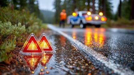 Accidente en una carretera durante la lluvia con señal de emergencia y patrulla policial