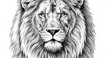 Majestic lion's intense gaze captured in a detailed, dramatic ink drawing, symbolizing power and courage