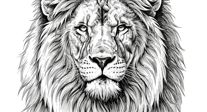 Majestic lion's intense gaze captured in a detailed, dramatic ink drawing, symbolizing power and courage