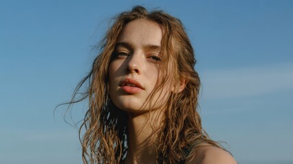 Young woman with windswept hair gazing thoughtfully against a clear blue sky