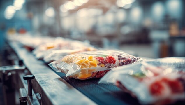 Bags of produce on a factory conveyor belt