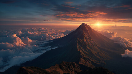 Inspirational mountain peak above clouds, golden sunlight rays, adventure success concept, breathtaking nature view