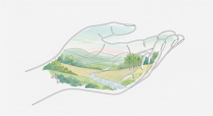 Rural landscape painted in watercolor on a palm