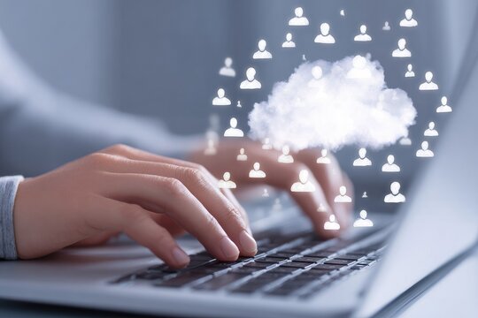 Close-up of hands typing on laptop, cloud of user icons above - Powered by Adobe