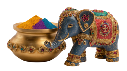 Indian decorated baby elephant colorful souvenir with ornate traditional patterns cultural festive handicraft statue isolated on white background