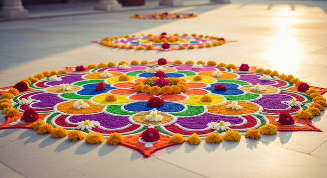 Vibrant rangoli artwork adorns sunlit floor with colorful patterns and fresh floral accents, evoking festive celebration and cultural tradition