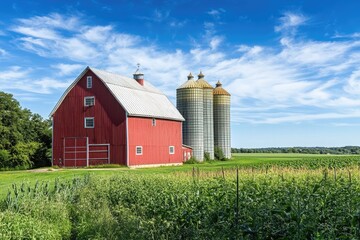 Red barn and silos on a sunny farm landscape.