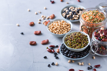 Variety of legumes, lentils, beans, plant based vegan protein source