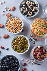 Variety of legumes, lentils, beans, plant based vegan protein source