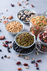 Variety of legumes, lentils, beans, plant based vegan protein source