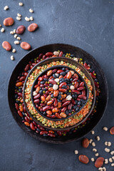 Variety of legumes, lentils, beans, plant based vegan protein source