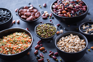 Variety of legumes, lentils, beans, plant based vegan protein source