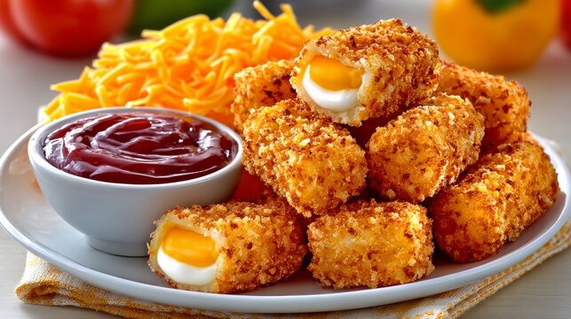 Palitos de mozzarella crujientes con salsa de cheddar y katsu, acompa&ntilde;ados de queso rallado