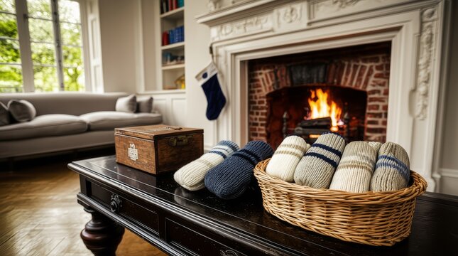 Calcetines de lana en una mesa junto a una chimenea c&aacute;lida en un acogedor sal&oacute;n