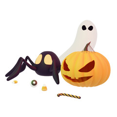 Halloween Pumpkin, Ghost, and Spider 3D Render