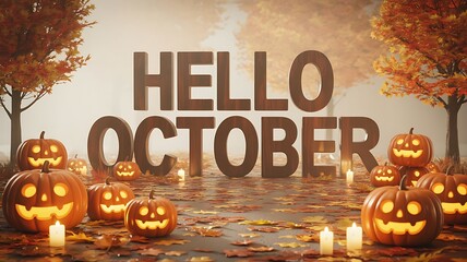 Warm autumn glow illuminates carved pumpkins and fallen leaves with the bold text hello october creating a festive seasonal atmosphere