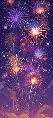 Fototapeta premium Colorful fireworks burst in multiple shapes and sizes against a dark, starry sky, creating a joyful backdrop for a nighttime celebration.