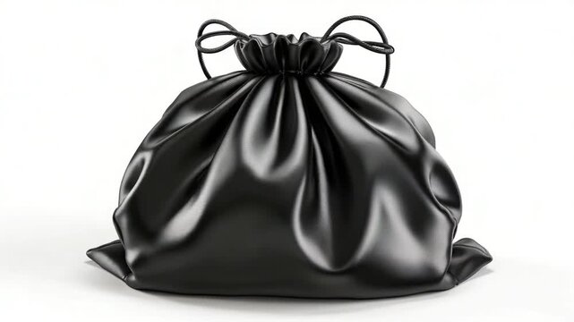 A close-up shot of a black leather drawstring bag on a white background, perfect for e-commerce or fashion products