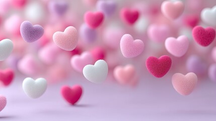 Floating Heart Candy in Various Shades of Pink and White on Lilac Background for Valentine's Day Theme Sweet Romance Concept